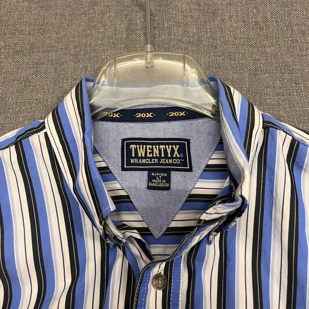 Wrangler Twenty X Mens Large Tall Blue Striped Short Sleeve Button Down Shirt